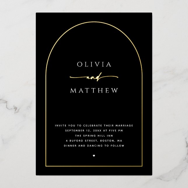 Gold Black Formal Elegant Wedding | Arch Photo Foil Invitation (Front)