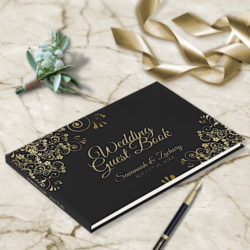 Gold  Black Frilly Filigree Elegant Wedding Guest Book
