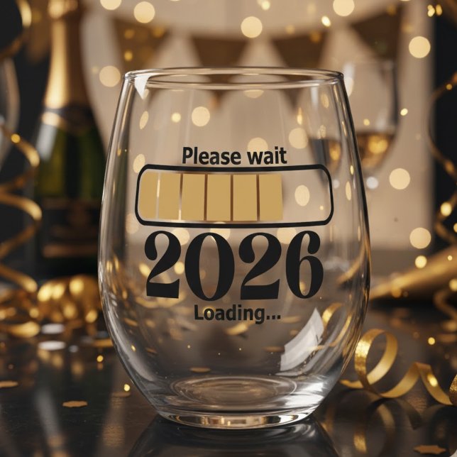 Gold Black Fun 2026 Loading Please Wait Stemless Wine Glass (Creator Uploaded)