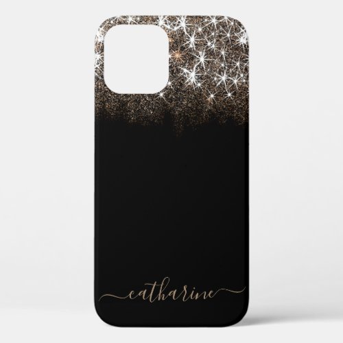 Gold Black Galaxy Stars Name Dripping Glitter Rain iPhone 12 Case