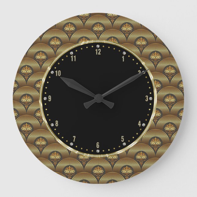 Gold & Black Geometric Art Deco Waves Large Clock (Front)