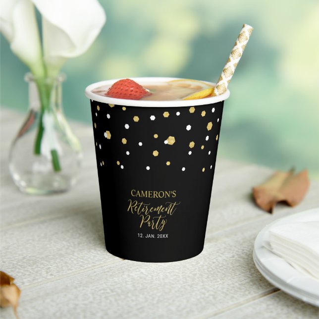 Gold & Black Geometric Confetti Retirement Party P Paper Cups (Insitu)