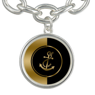 Gold & Black Geometric Design & Boat Anchor Charm Bracelet