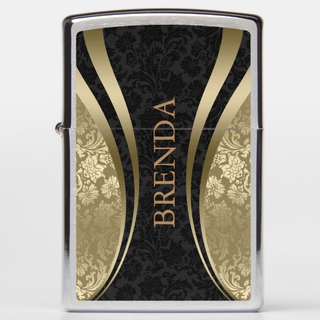 Gold & Black Geometric Design Damask Accent Zippo Lighter (Front)