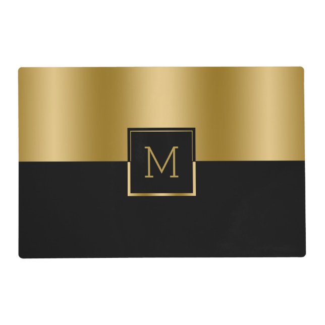 Gold & Black Geometric Design Monogram Placemat (Front)