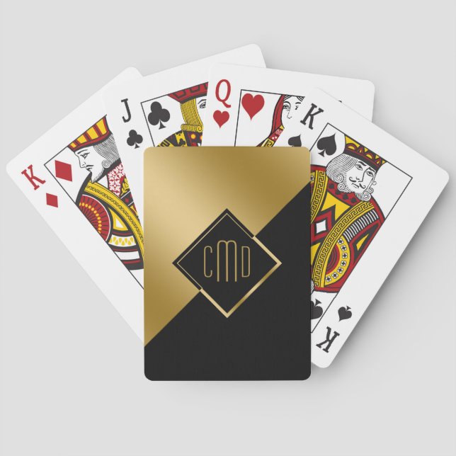 Gold & Black Geometric Design Monogram Poker Cards (Back)