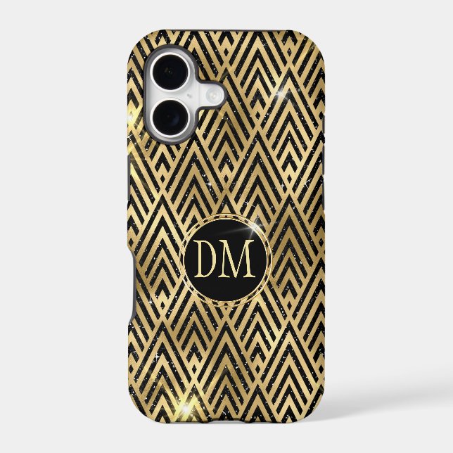 Gold Black Geometric Diamond Pattern Monogram Case-Mate iPhone Case (Back)