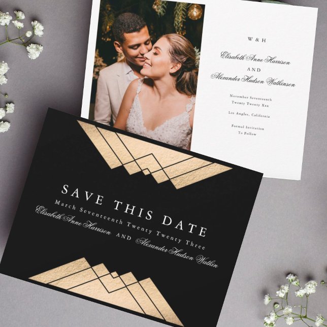 Gold Black Geometric Gatsby Foil Save The Date Announcement (Creator Uploaded)