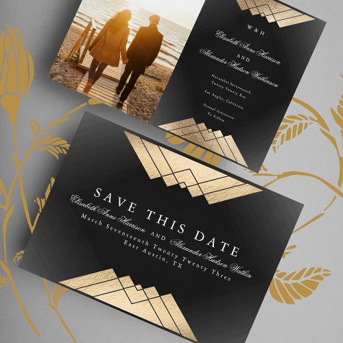 Gold Black Geometric Gatsby Foil Save The Date Announcement