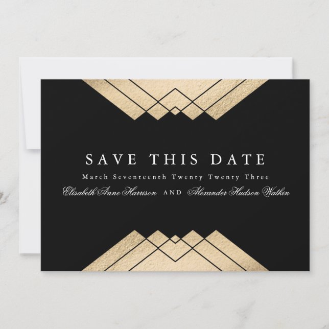 Gold Black Geometric Gatsby QR Code Save The Date Invitation (Front)