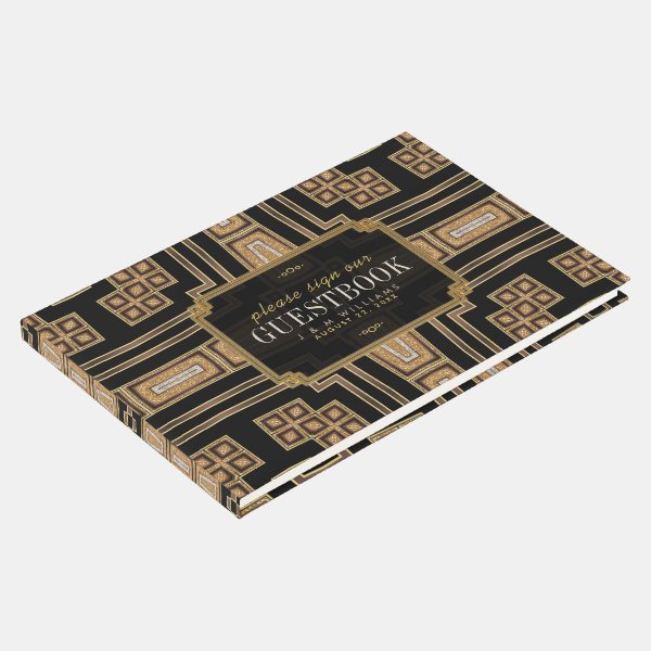 Gold Black Geometric Mosaic Pattern Wedding Guest Book by AlternativeWeddings
