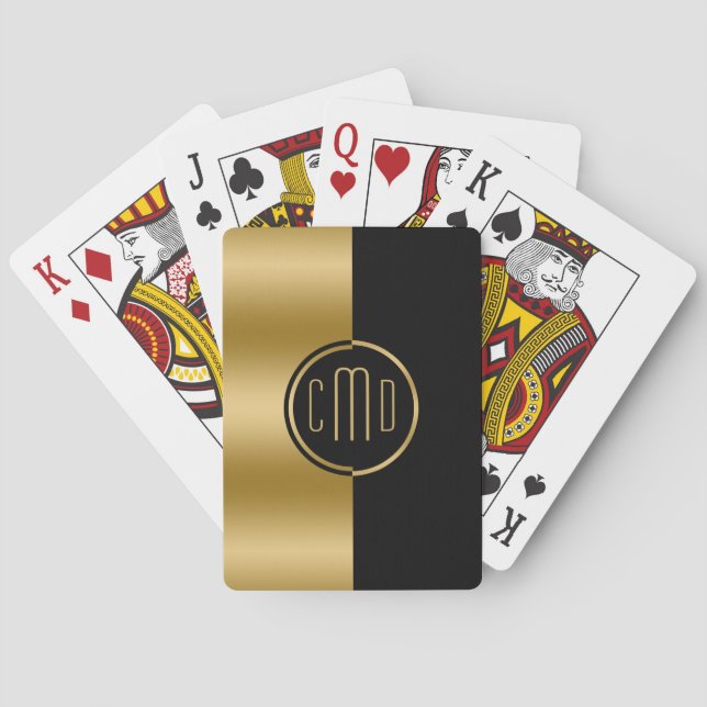 Gold & Black Geometric Split-Screen Monogram Poker Cards (Back)