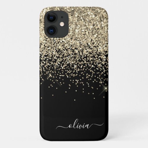 Gold Black Girly Glitter Sparkle Monogram Name iPhone 11 Case