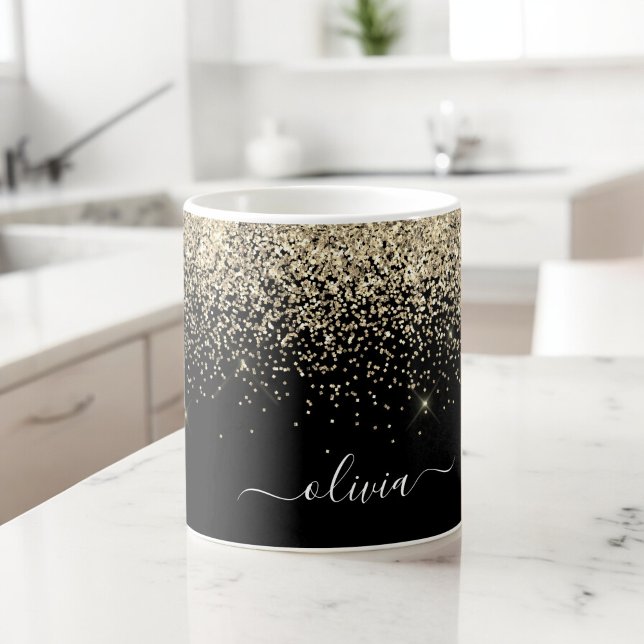 Gold Black Girly Glitter Sparkle Monogram Name Coffee Mug (Creator Uploaded)