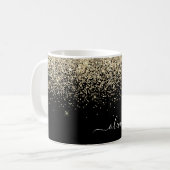 Gold Black Girly Glitter Sparkle Monogram Name Coffee Mug (Front Left)