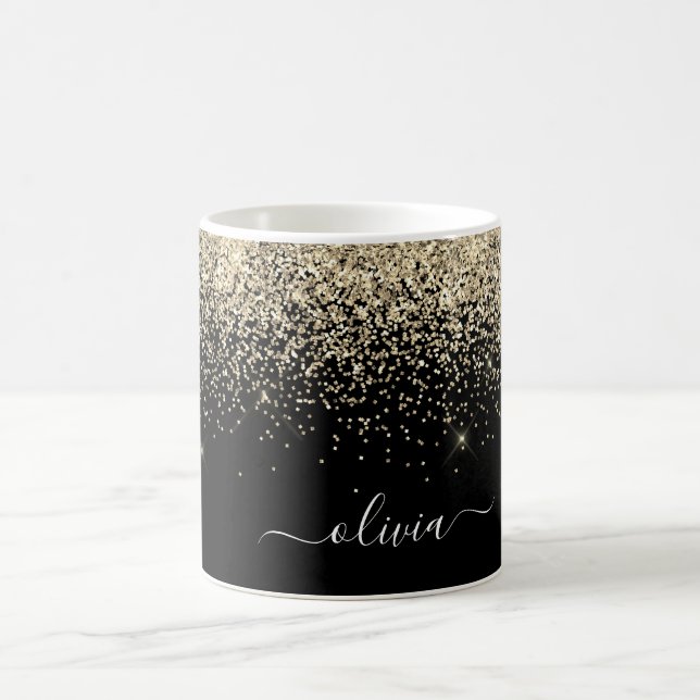 Gold Black Girly Glitter Sparkle Monogram Name Coffee Mug (Center)