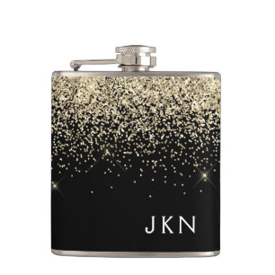 Gold Black Girly Glitter Sparkle Monogram Name Flask