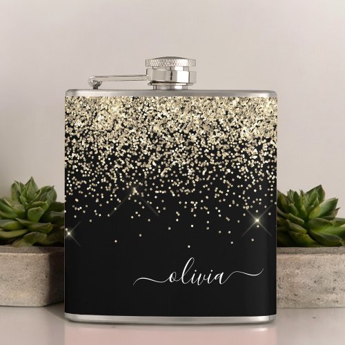 Gold Black Girly Glitter Sparkle Monogram Name Flask