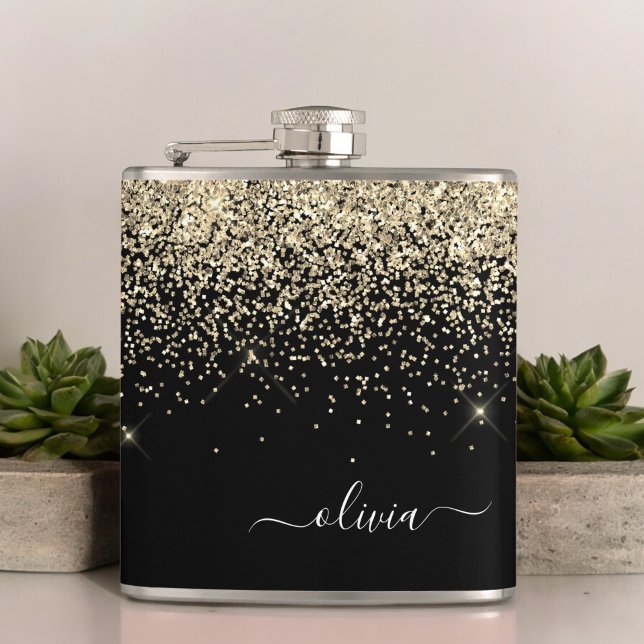 Gold Black Girly Glitter Sparkle Monogram Name Flask (Creator Uploaded)