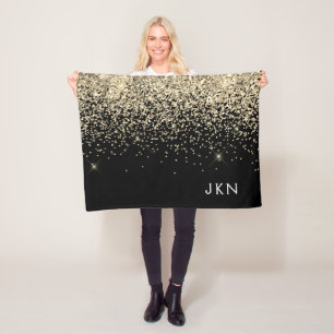 Gold Black Girly Glitter Sparkle Monogram Name Fleece Blanket