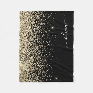 Gold Black Girly Glitter Sparkle Monogram Name Fleece Blanket