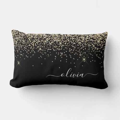 Gold Black Girly Glitter Sparkle Monogram Name Lumbar Pillow
