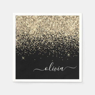 Gold Black Girly Glitter Sparkle Monogram Name Napkins
