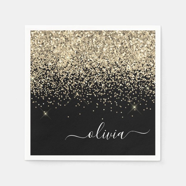 Gold Black Girly Glitter Sparkle Monogram Name Napkins (Front)