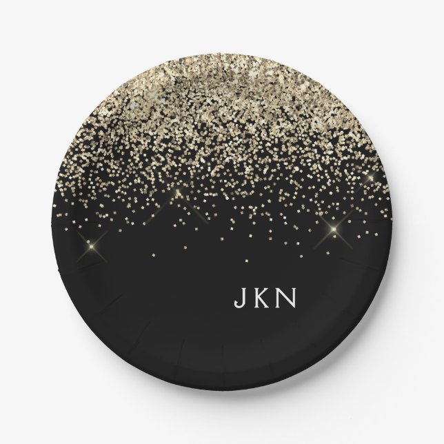 Gold Black Girly Glitter Sparkle Monogram Name Paper Plates (Front)