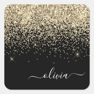 Gold Black Girly Glitter Sparkle Monogram Name Square Sticker