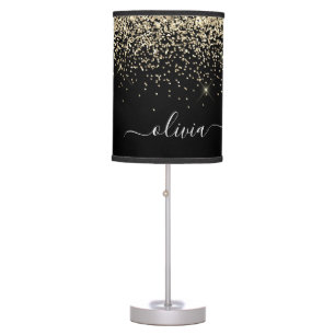 Gold Black Girly Glitter Sparkle Monogram Name Table Lamp