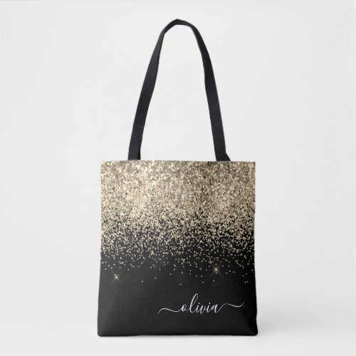 Gold Black Girly Glitter Sparkle Monogram Name Tote Bag