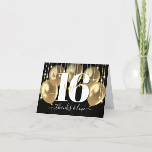 Gold Black Girly Luxury Sweet 16 Birthday Balloons Letterpress Thank You Card