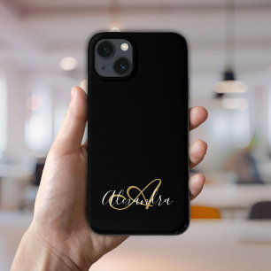 Gold Black Girly Script Name Monogram iPhone 13 Case