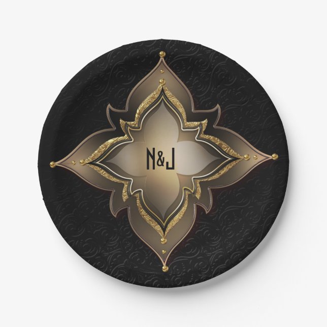 Gold Black Glam Exotic Chic Flower Party Custom Paper Plates (Front)