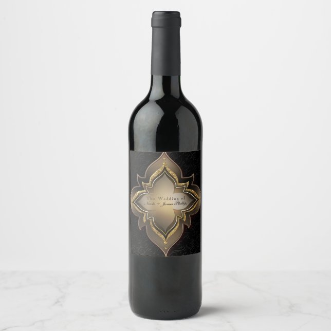 Gold Black & Glam Exotic Flower Party Wine Labels (Front)