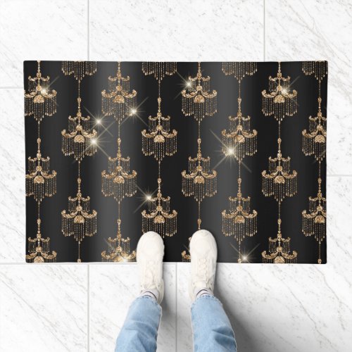 Gold Black Glam Glitter Chandeliers Doormat