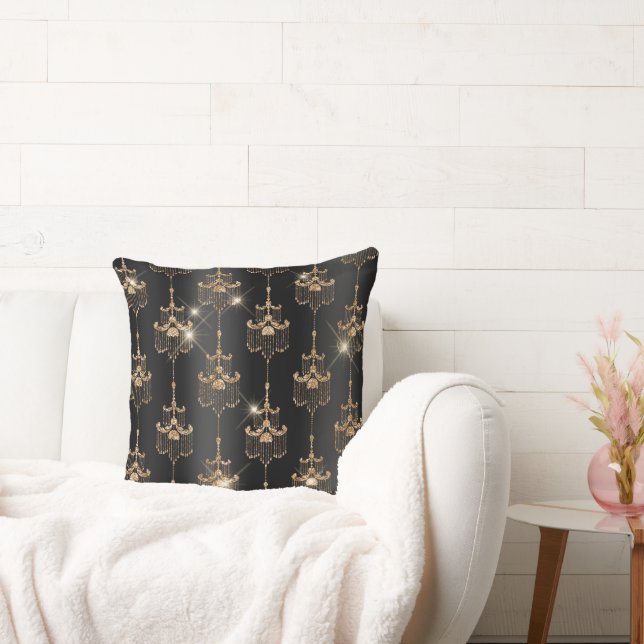 Gold Black Glam Glitter Chandeliers Throw Pillow (Couch)