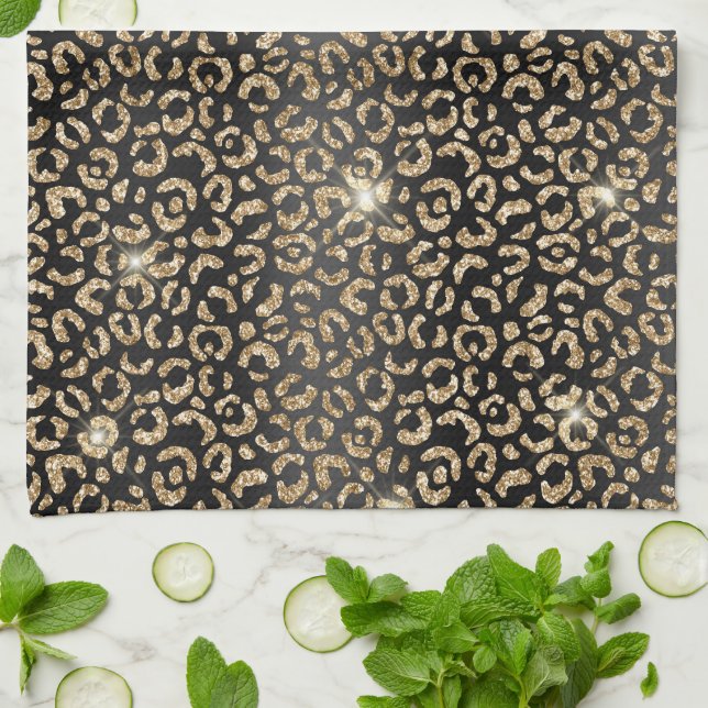 Gold Black Glam Glitter Leopard  Kitchen Towel (Folded)