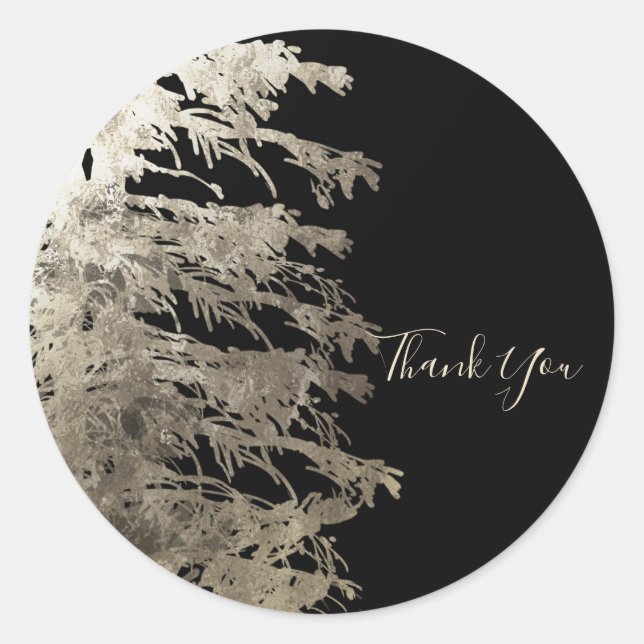Gold & Black Glam Pine Tree Rustic Forest Wedding Classic Round Sticker (Front)