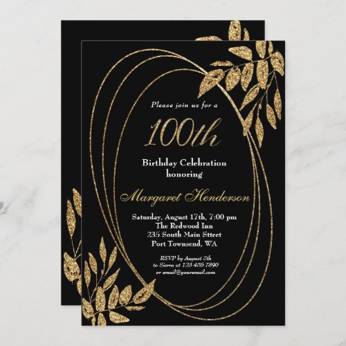 Gold Black Glitter 100th Birthday Celebration Invitation
