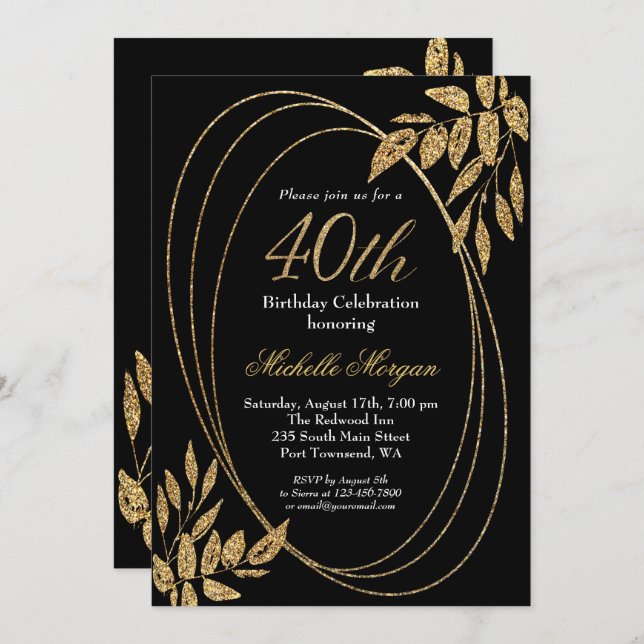 Gold Black Glitter 40th Birthday Celebration Invitation (Front/Back)