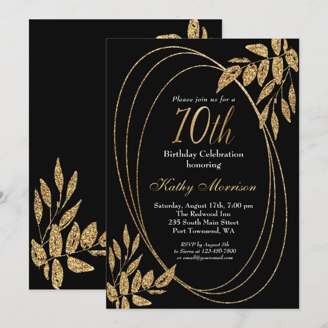 Gold Black Glitter 70th Birthday Celebration Invitation (Front/Back)