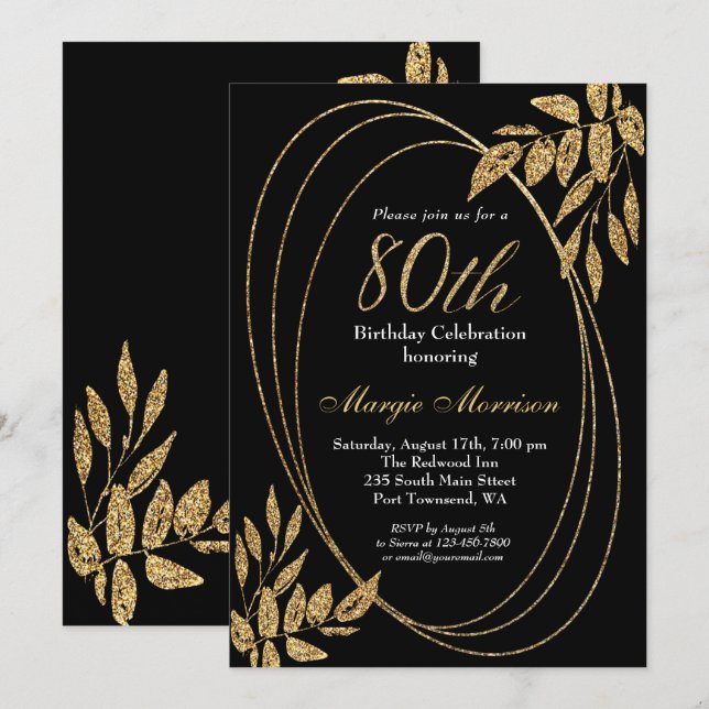 Gold Black Glitter 80th Birthday Celebration Invitation (Front/Back)