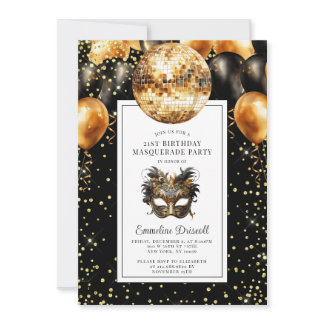 Gold Black Glitter Birthday Masquerade Party Invitation