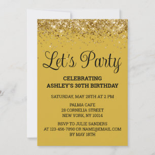 Gold Black Glitter Bling 30th Birthday Let's Party Invitation