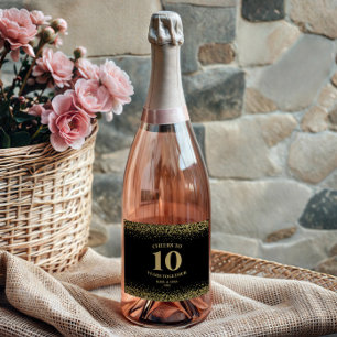 Gold Black Glitter Cheers To 10 Years Anniversary Sparkling Wine Label