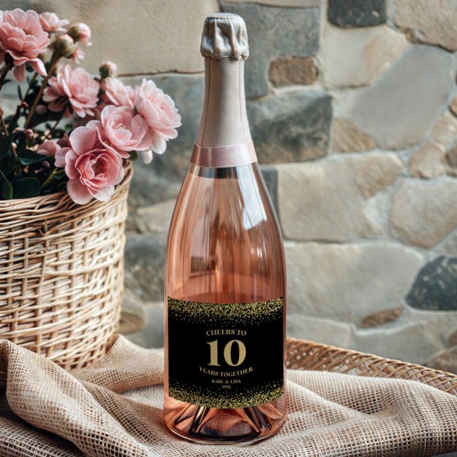 Gold Black Glitter Cheers To 10 Years Anniversary Sparkling Wine Label (Creator Uploaded)