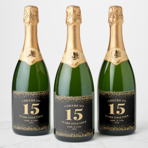 Gold Black Glitter Cheers To 15 Years Anniversary Sparkling Wine Label