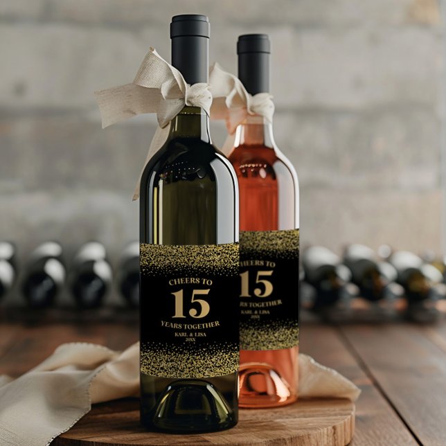 Gold Black Glitter Cheers To 15 Years Anniversary Wine Label (Creator Uploaded)
